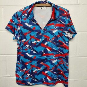 Yatta Golf Top Women LARGE Geometric Polo Short Sleeve Golf Red White Blue Shirt